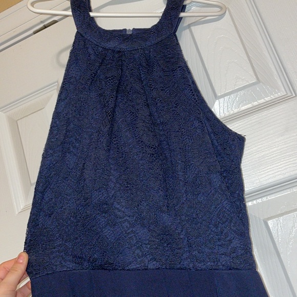 NAVY BLUE HALTER TOP PROM FORMAL DRESS LACE TOP FLOWY DRESS SIZE XS DRESSYSTAR - Picture 2 of 5